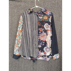 Life Style Floral Contrast Pattern Block Floral Cotton Blouse Size L Patchwork